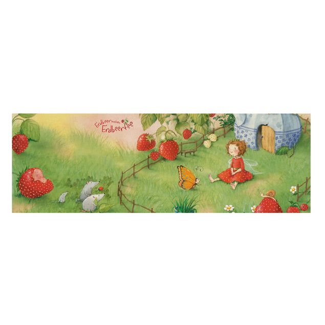 Leinwandbild - Erdbeerinchen Erdbeerfee - Im Garten - Panorama Quer