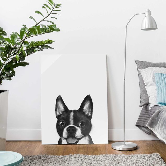Glasbild - Illustration Hund Boston Schwarz Weiß Malerei - Hochformat 4:3