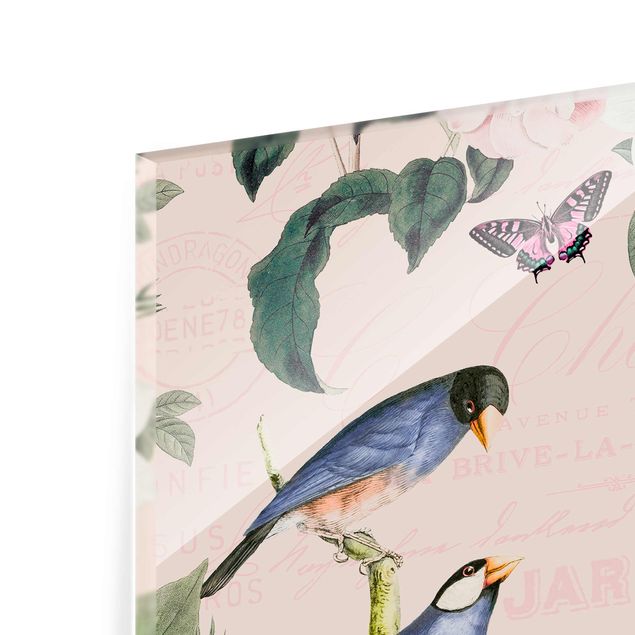 Glasbild - Vintage Collage - Rosen und Vögel - Quadrat 1:1