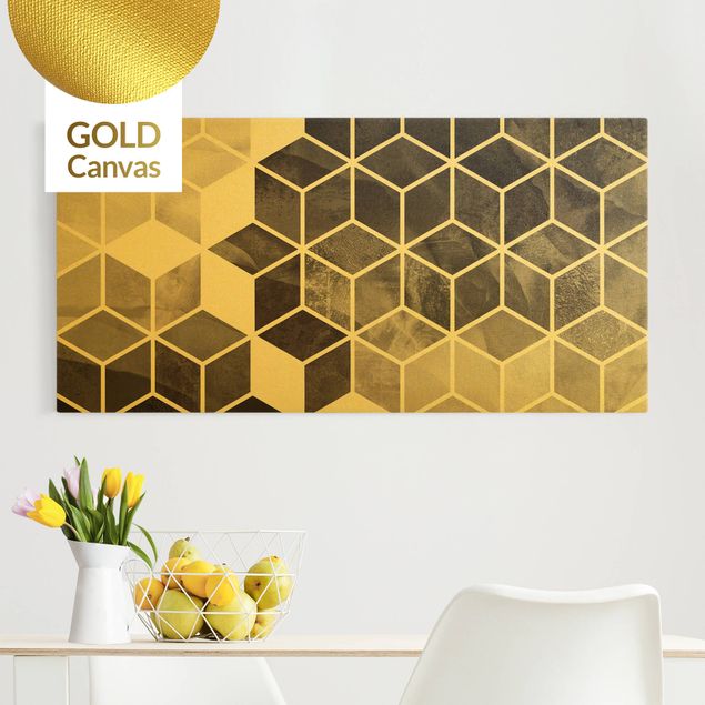 Leinwandbild Gold - Goldene Geometrie - Schwarz Weiß - Querformat 2:1