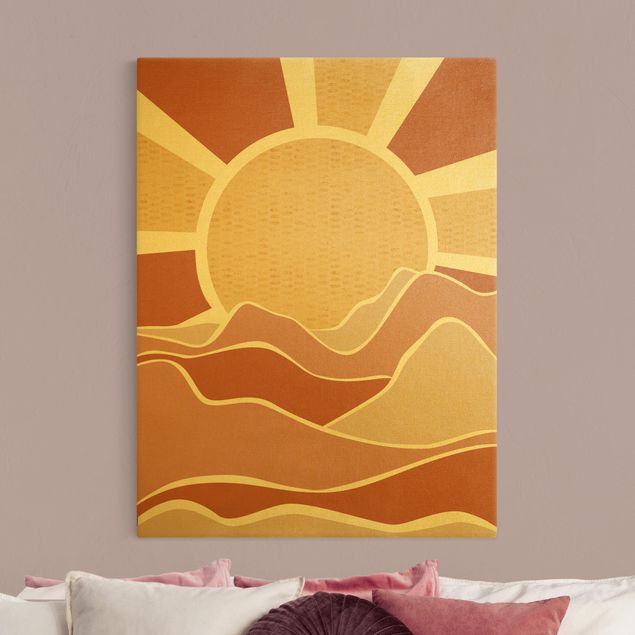 Leinwandbild Gold - Berglandschaft mit goldenem Sonnenaufgang - Hochformat 4:3