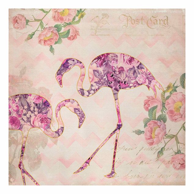 Leinwandbild - Vintage Collage - Rosa Blüten Flamingos - Quadrat 1:1