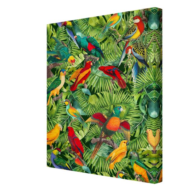 Leinwandbild - Bunte Collage - Papageien im Dschungel - Hochformat 4:3