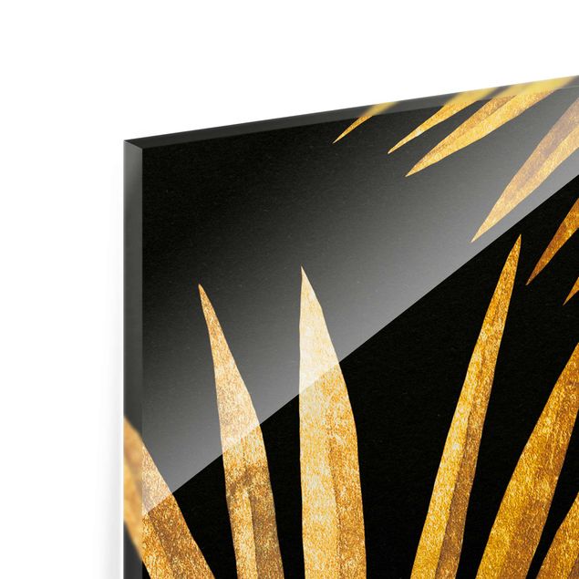Glasbild - Gold - Palmenblatt auf Schwarz - Hochformat 4:3