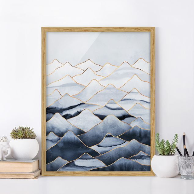 Moderne Bilder mit Rahmen Aquarell Berge Weiß Gold