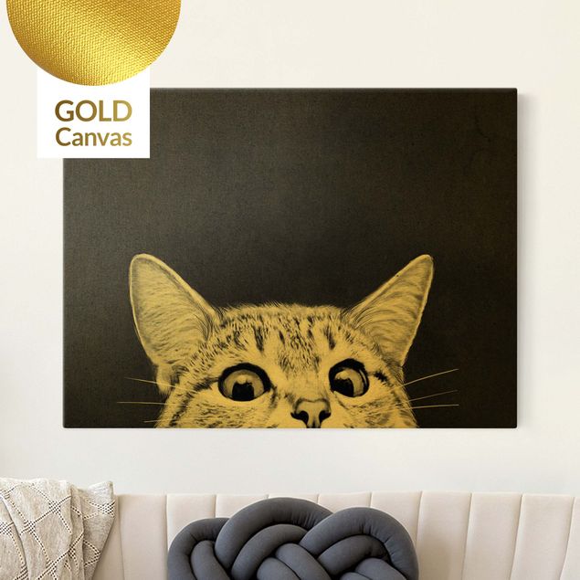 Leinwandbild Gold - Laura Graves - Illustration Katze Schwarz Weiß Zeichnung - Querformat 3:4