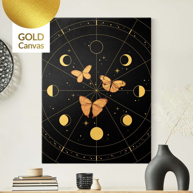 Leinwandbild Gold - Mondphasen und Schmetterlinge Rosa - Hochformat 3:4
