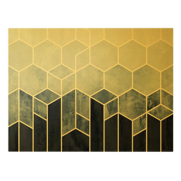 Leinwandbild Gold - Elisabeth Fredriksson - Goldene Geometrie - Sechsecke Blau Weiß - Querformat 3:4