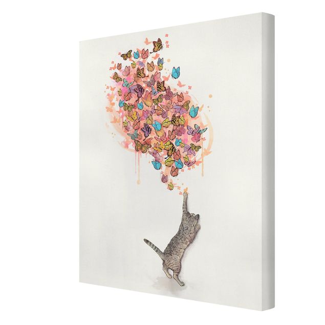 Leinwandbild - Illustration Katze mit bunten Schmetterlingen Malerei - Hochformat 4:3