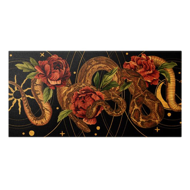Leinwandbild Gold - Schlangen mit Rosen vor Schwarz und Gold I - Querformat 2:1
