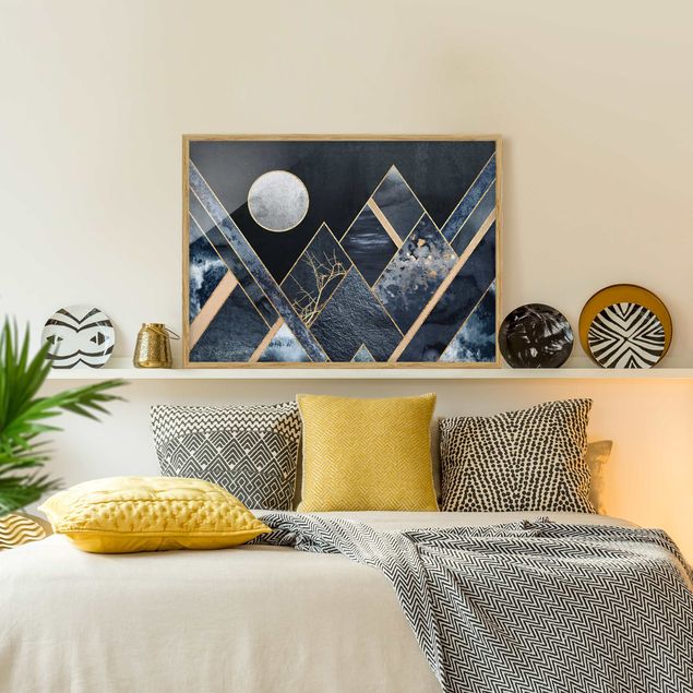 abstrakte Bilder mit Rahmen Goldener Mond abstrakte schwarze Berge