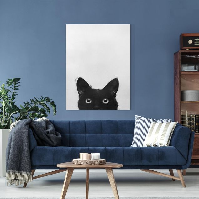 Leinwandbild Hund Illustration Schwarze Katze auf Weiß Malerei