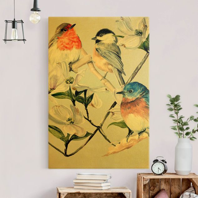 Leinwandbild Gold - Bunte Vögel auf einem Magnolienast I - Hochformat 2:3
