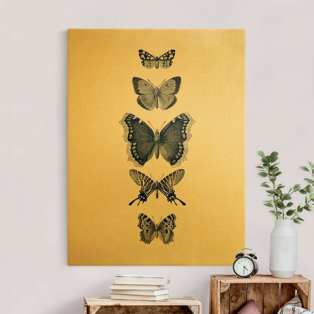 Leinwandbild Gold - Tusche Schmetterlinge auf Beige - Hochformat 3:4