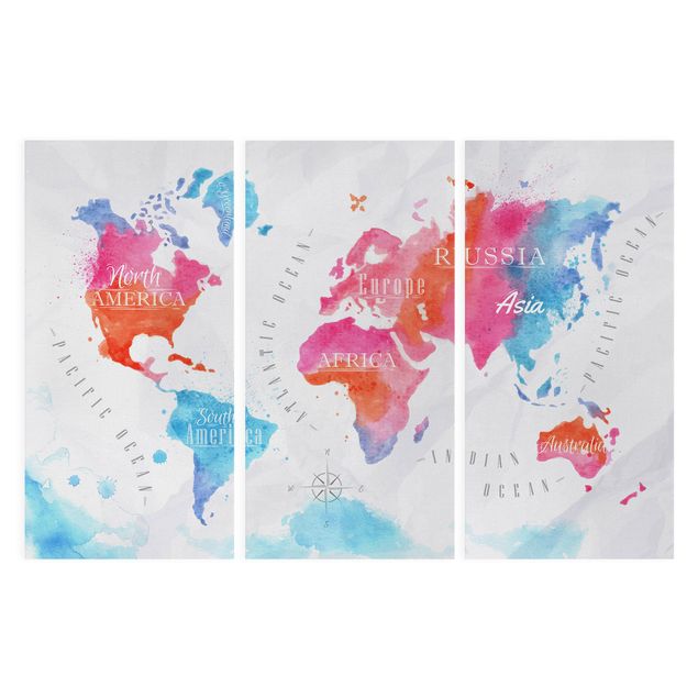 Leinwandbild 3-teilig - Weltkarte Aquarell rot blau - Hoch 1:2