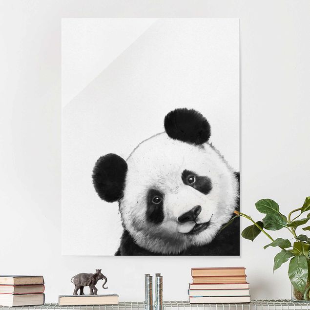 Glasbild - Illustration Panda Schwarz Weiß Malerei - Hochformat 4:3