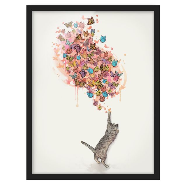 Bild mit Rahmen - Illustration Katze mit bunten Schmetterlingen Malerei - Hochformat 4:3