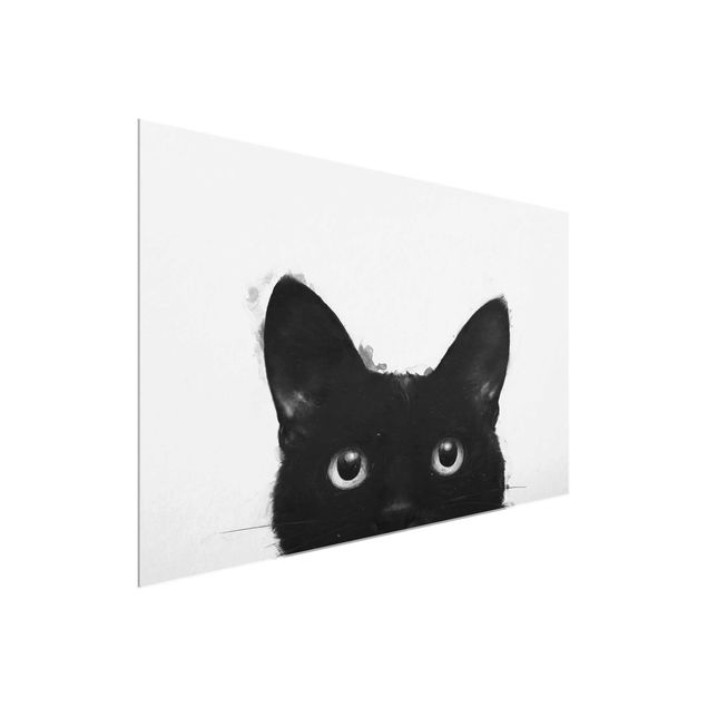 Glasbilder Tiere Illustration Schwarze Katze auf Weiß Malerei