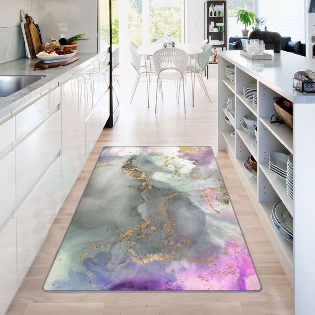 Moderner Teppich Farbexperimente Marmor Regenbogen und Gold