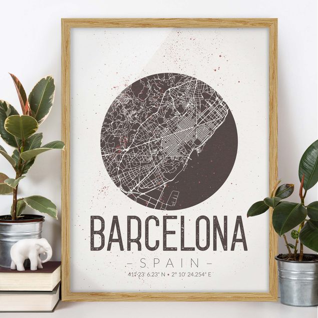 Moderne Bilder mit Rahmen Stadtplan Barcelona - Retro