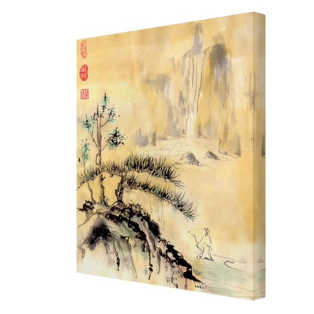 Leinwandbild - Japanische Aquarell Zeichnung Zedern und Berge - Hochformat 4:3