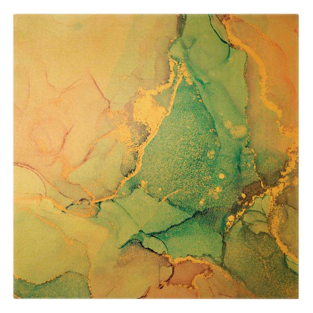 Leinwandbild Gold - Aquarell Pastell Bunt mit Gold - Quadrat 1:1