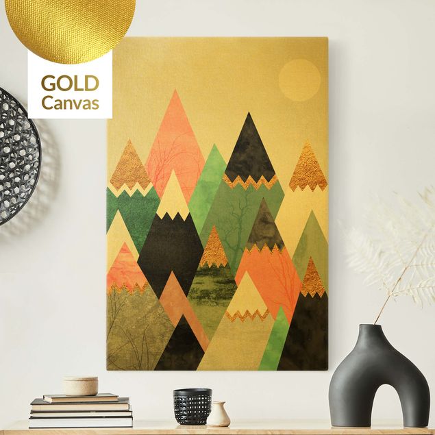 Leinwandbild Gold - Dreieckige Berge mit Goldspitzen - Hochformat 2:3