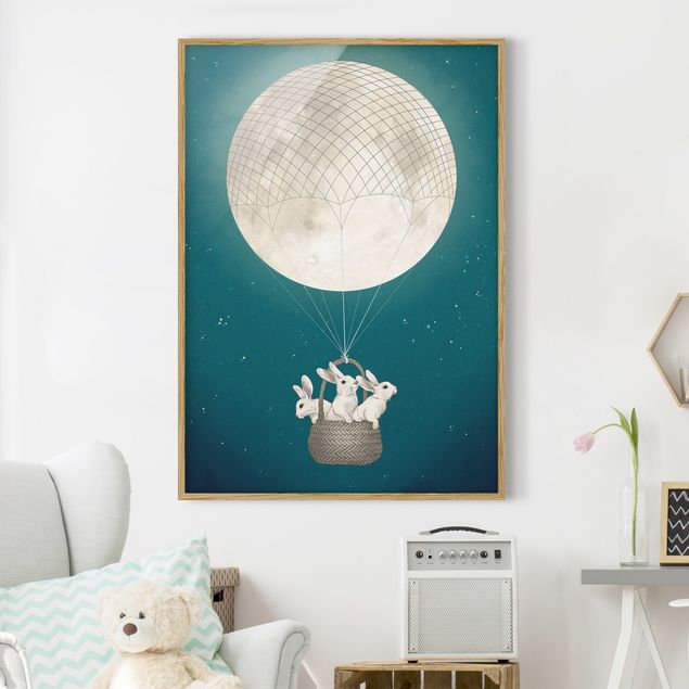 Moderne Bilder mit Rahmen Illustration Hasen Mond-Heißluftballon Sternenhimmel