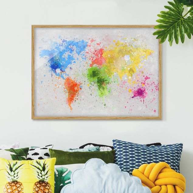 Moderne Bilder mit Rahmen Bunte Farbspritzer Weltkarte