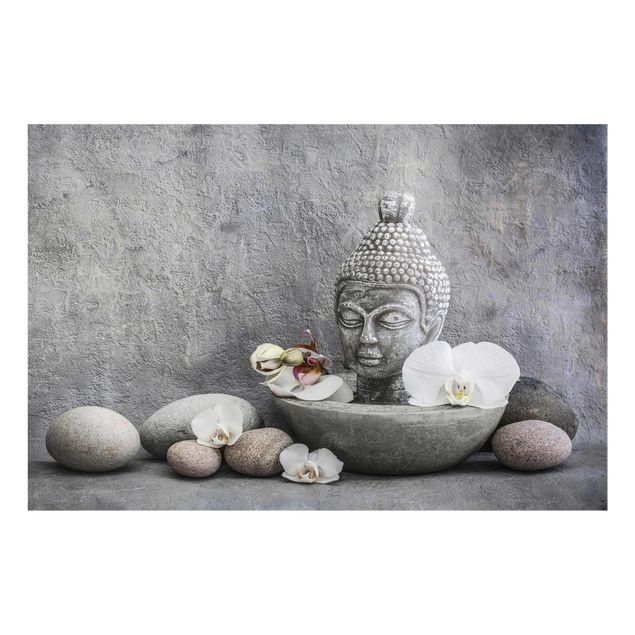 Glasbild - Zen Buddha, Orchideen und Steine - Querformat 2:3