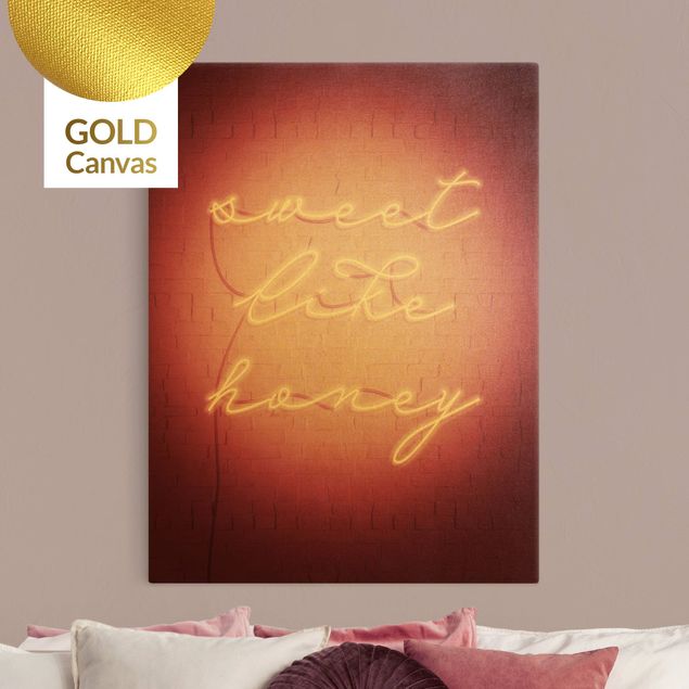Leinwandbild Gold - Neon Schriftzug - sweet like honey - Hochformat 3:4