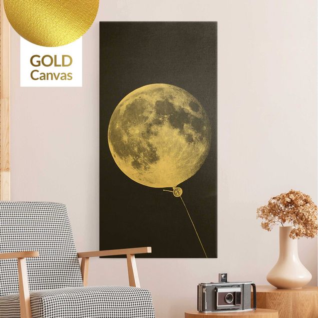 Leinwandbild Gold - Luftballon mit Mond - Hochformat 1:2
