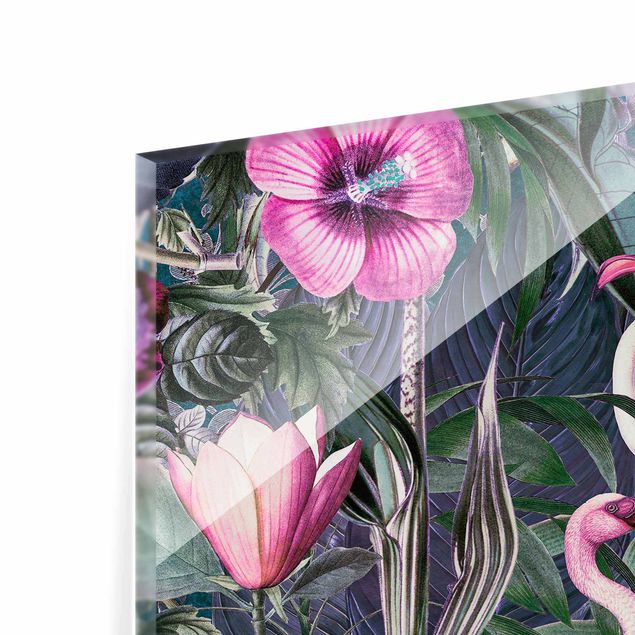 Glasbild - Bunte Collage - Pinke Flamingos im Dschungel - Quadrat 1:1