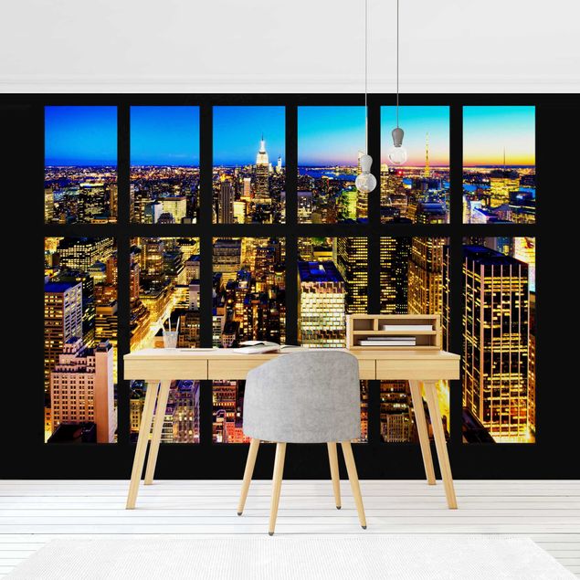 3D Tapete Fensterblick Manhattan Skyline bei Nacht
