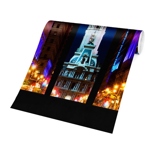 Tapeten kaufen Fensterblick Philadelphia Rathaus bei Nacht