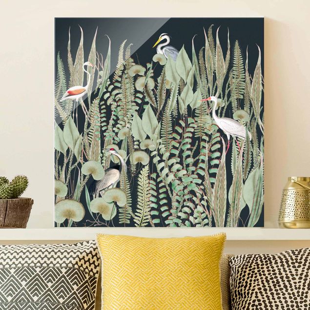 XXL Glasbilder Flamingo und Storch mit Pflanzen auf Grün
