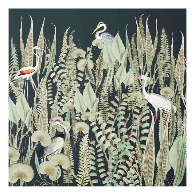 Bilder auf Glas Flamingo und Storch mit Pflanzen auf Grün