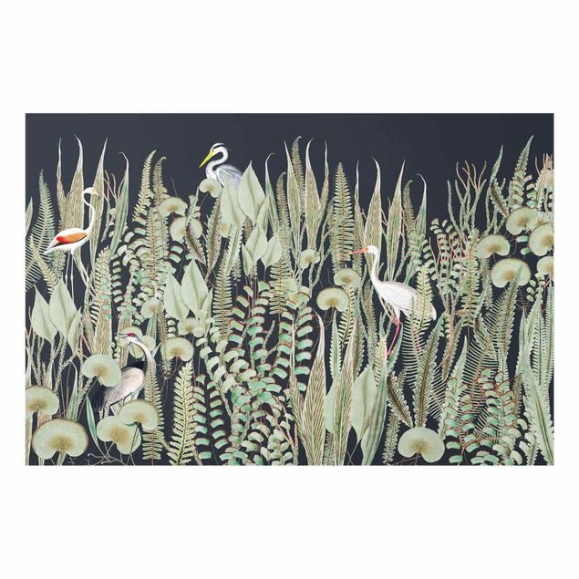 Glasbilder Flamingo und Storch mit Pflanzen auf Grün