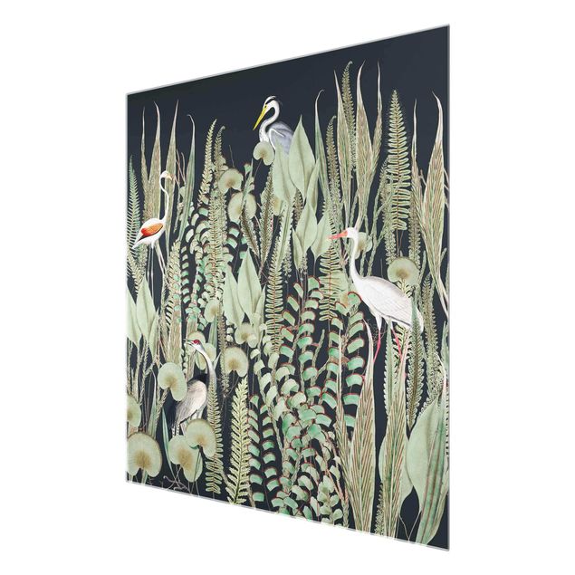 Glasbild - Flamingo und Storch mit Pflanzen auf Grün - Quadrat