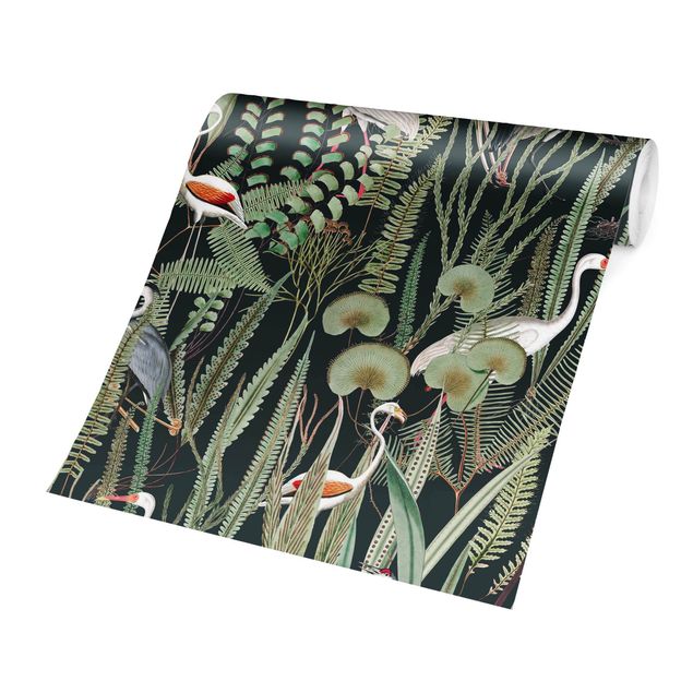 Design Tapeten Flamingos und Störche mit Pflanzen auf Grün