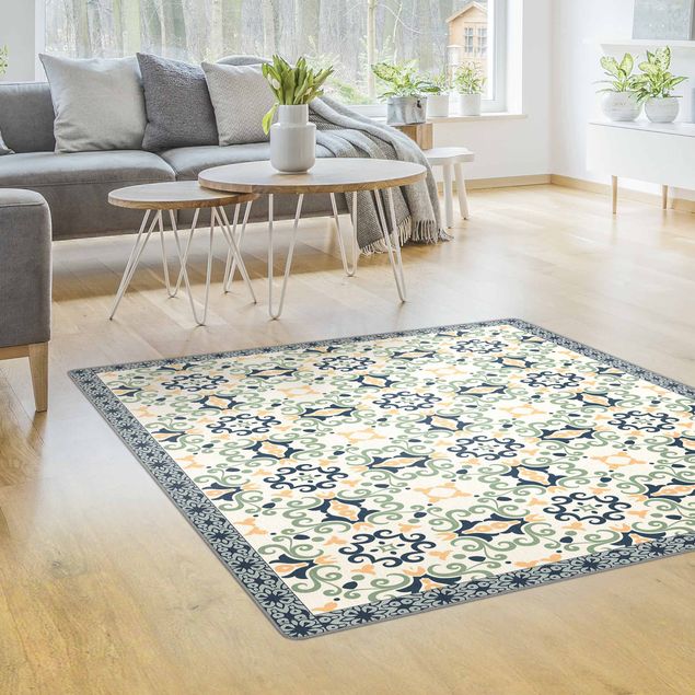 Teppich modern Florale Fliesen Gelbblaue Folklore mit Bordüre