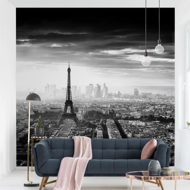 Design Tapeten Der Eiffelturm von Oben Schwarz-weiß