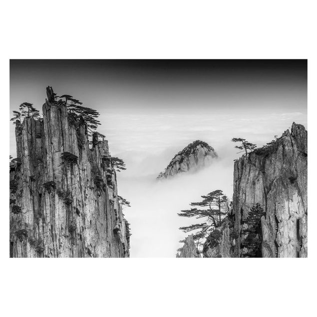 Fototapete selbstklebend Felsen im Nebel schwarz-weiß