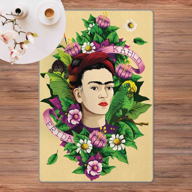 Teppich weiß Frida Kahlo - Frida,Äffchen und Papagei