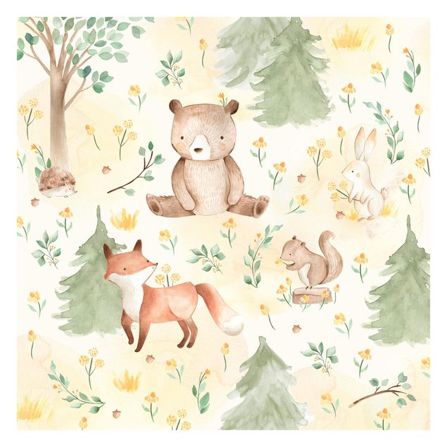 Fototapete selbstklebend Fuchs und Bär mit Blumen und Bäumen