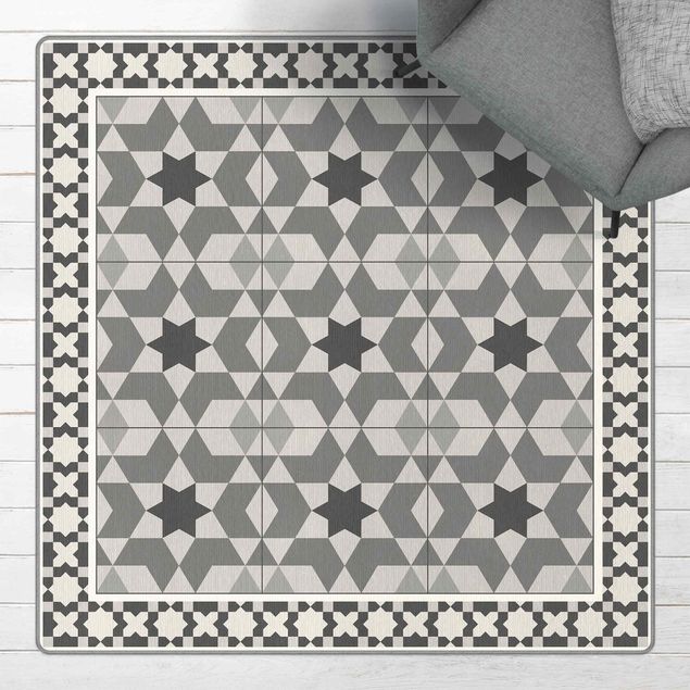 Vinyl Teppich Fliesenoptik Geometrische Fliesen Kaleidoskop Grau mit Bordüre