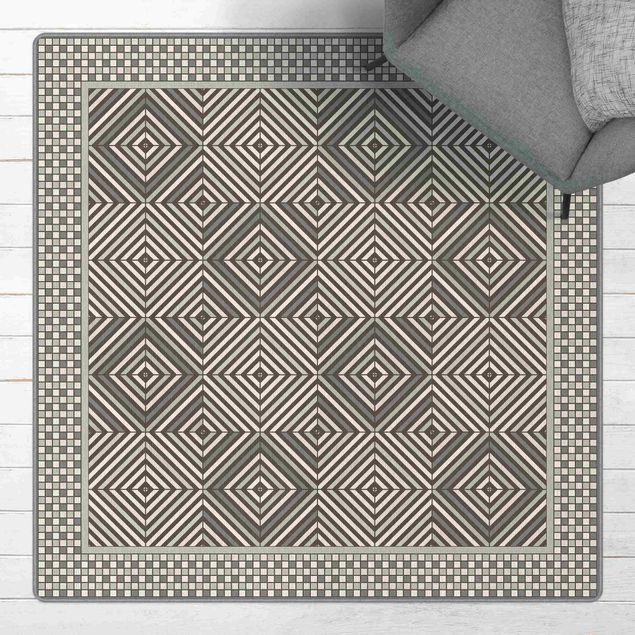 Teppich Fliesenoptik Geometrische Fliesen Strudel Grau mit Mosaikrahmen