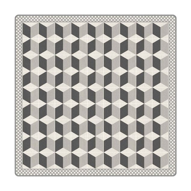 Teppich - Geometrische Fliesen Stufenillusion in Grau mit Bordüre