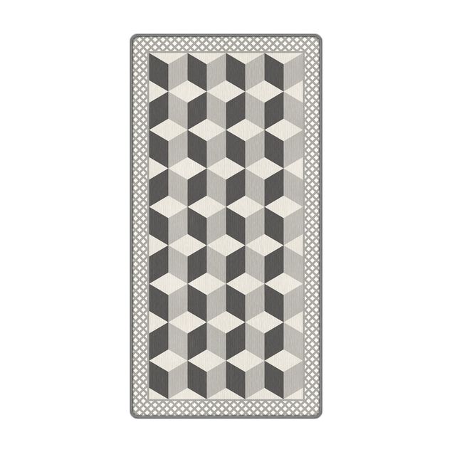 Teppich - Geometrische Fliesen Stufenillusion in Grau mit Bordüre