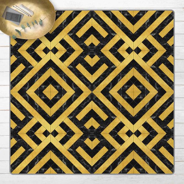 Teppich Marmor Geometrischer Fliesenmix Art Deco Gold Schwarzer Marmor